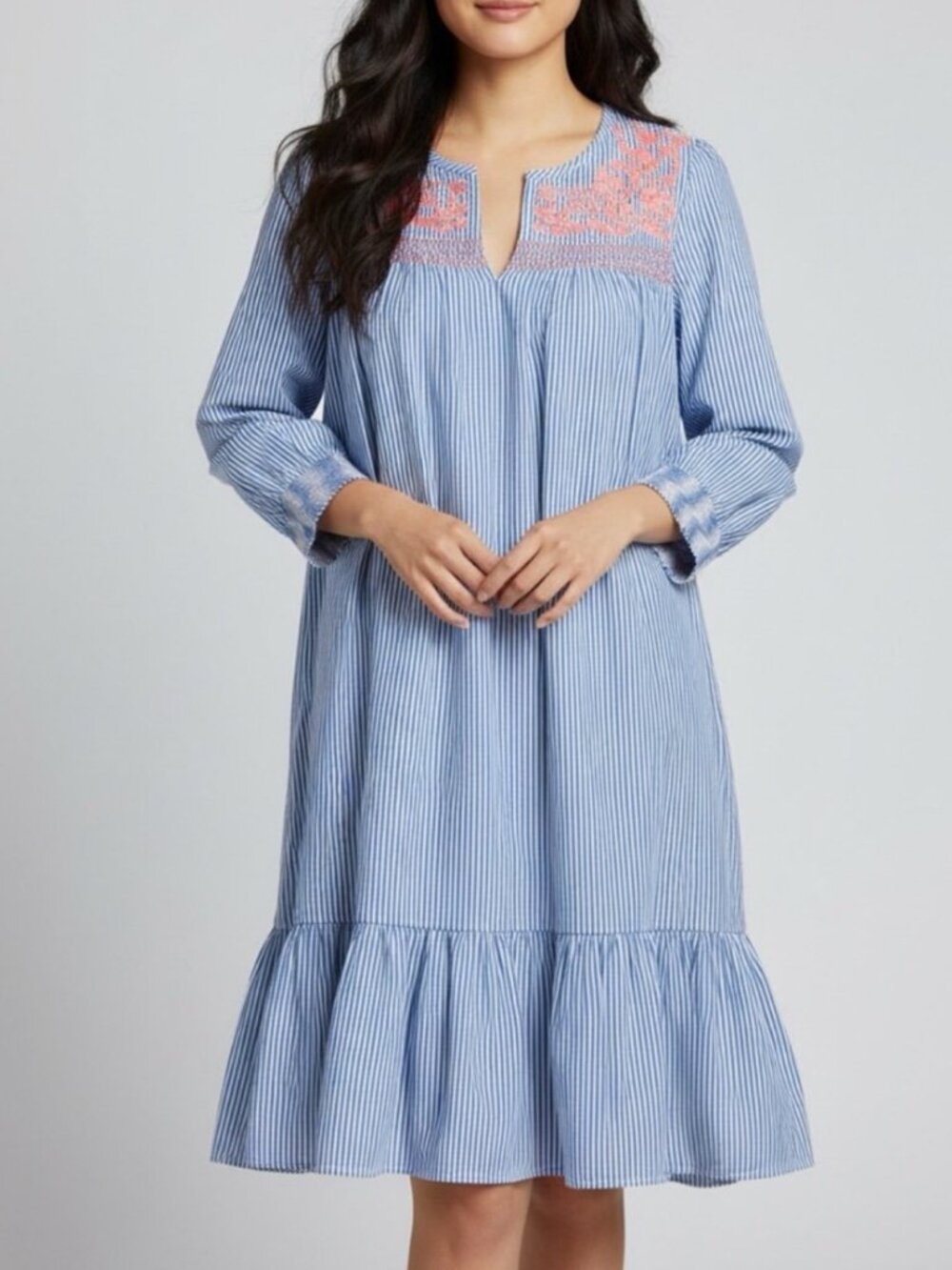 J. Crew Embroidered striped Ruffle Hem Smocked Popover Dress Size S